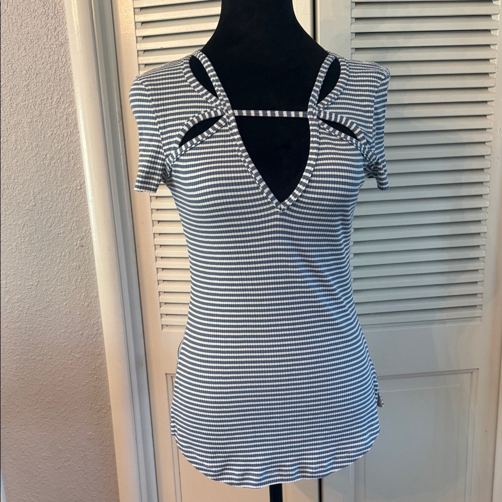 Free People Blue & White Striped Cutout V-Neck Short Sleeve Top